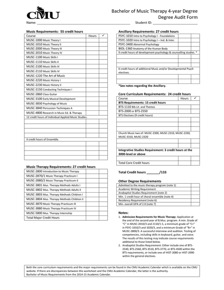 Bachelor Of Music Therapy 4 Year Degree Degree Audit Form Bachelor Of Music Therapy 4 Year Degree Degree Audit Form
